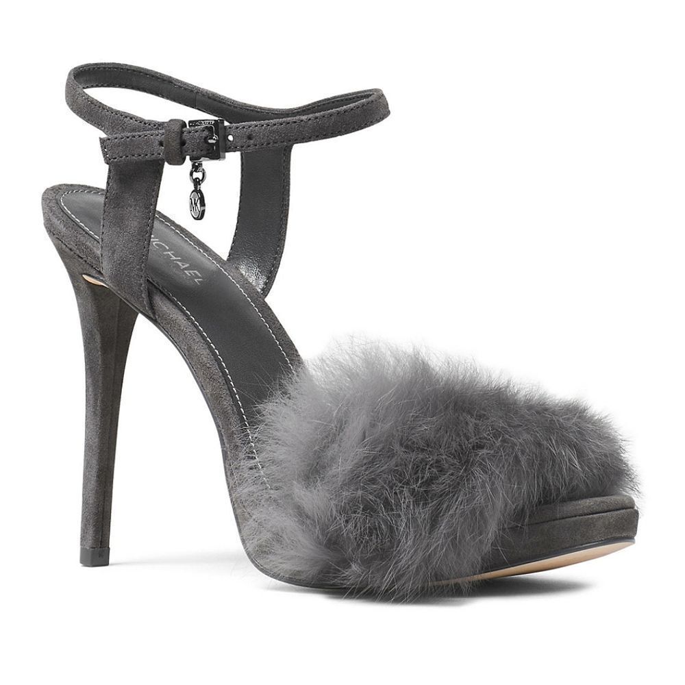 New! MICHAEL KORS Women's Rabbit Fur Trim Gray Sexy Heels Open-Toe Pumps NWB 8